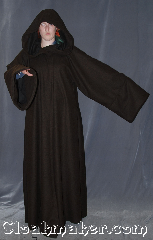 Robe:R350, Robe Style:Jedi Robe<br>modeled after<br>Anakin Episode III, Robe Color:Two tone mottled dark chocolate<br>brown exterior with<br>extra dark brown interior, Fiber:Wool Blend<br>Machine washable, Neck:22.5", Sleeve:39", Chest:Up to 50", Length:64", Height:Up to 6'3", Note:Warm and detailed,<br>a great piece for winter or fall.<br>Made with a mottled dark<br>chocolate brown wool blend<br>with extra dark brown interior<br>and hidden clasp,<br>makes a great accessory<br>for everyday wear,<br>LARP or Renaissance Fair.<br>The robe is machine washable.