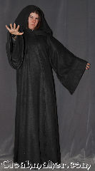 Robe:R362, Robe Style:Sith or Holocaust Style Cloak, Robe Color:Black, Fiber:Fleece, Neck:25", Sleeve:38", Chest:up to 70", Length:64", Height:Up to 6'3", Note:Warm soft , a great Sith, wizard<br>or bath robe for spring or fall.<br>Made of a lightweight fleece<br>with a black vale clasp, <br>makes a great accessory for everyday wear,<br> LARP Renaissance Fair or lounging on the couch.<br>Machine washable..