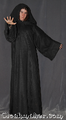 Robe:R364, Robe Style:Sith or Holocaust Style Cloak, Robe Color:Black, Fiber:Fleece, Neck:22.5", Sleeve:38", Chest:up to 50", Length:65", Height:Up to 6'4", Note:Warm soft , a great Sith, wizard<br>or bath robe for spring or fall.<br>Made of a lightweight fleece<br>with a black vale clasp, <br>makes a great accessory for everyday wear,<br> LARP Renaissance Fair or lounging on the couch.<br>Machine washable..