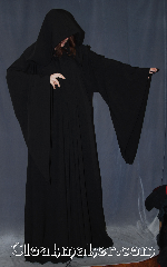 Robe:R366, Robe Style:Sith or Holocaust Style Cloak, Robe Color:Black, Fiber:Polyester Rayon Suiting, Neck:23", Sleeve:37", Chest:up to 60", Length:64", Note:Light weight and easy care this<br>long drop sleeved robe is a great<br>Sith, Wizard or Druid during the<br>spring or fall.<br>Made of a machine washable<br>poly rayon suiting with a<br>black alpine knot and eye clasp,<br>makes a great accessory for everyday wear,<br> LARP Renaissance Fair.