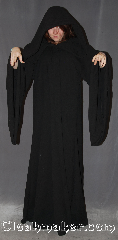 Robe:R368, Robe Style:Petite Emperor Palpatine / <br>Darth Sidious Outer Robe, Robe Color:Black, Fiber:Textured wool blend suiting, Neck:24", Sleeve:24.5"-34.5", Chest:Up to 50", Length:64", Height:Up to 6' 3". Can be shortened, Note:Join the dark side with this<br>Emperor Palpatine's light<br>weight 100% textured/woven<br>wool with cording in the extra large hood<br> and adjustable ruch<br>on the sleeves. 501 compliant  <br>Dry clean only..