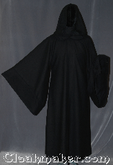 Robe:R375, Robe Style:Sith or Holocaust Style Cloak, Robe Color:Black, Fiber:Wool, Neck:25", Sleeve:35", Chest:up to 52", Length:55", Height:5'5", Note:Have fun storming the castle<br>with this holocaust/<br>sith robe inspired<br>mid weight 100% wool.<br>With a open front and drop sleeves<br>you can rule the galaxy<br>Dry clean only..