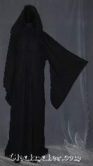 Robe:R408, Robe Style:Sith or Holocaust Style Cloak, Robe Color:Black, Fiber:Wool blend Suiting, Neck:21", Sleeve:34", Chest:Up to 52", Length:67", Height:6'2", Note:Lightweight and easy care, <br>a great piece of spring outerwear.<br>Made with a breathable black wool<br>blend suiting with hidden clasp<br>and long pointed sleeves<br>Makes a great accessory for everyday wear,<br> LARP or Renaissance Fair.<br>The Robe is machine washable!<br>Can be hemmed to height.