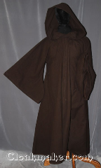 Robe:R412, Robe Style:Jedi Robe modeled after<br>Anakin Episode III, Robe Color:Dark Brown, Fiber:Cotton poly flannel, Neck:22", Sleeve:35", Chest:51", Length:60", Note:Warm and easy care,<br>a great piece of fall outerwear.<br>Made with a cotton flannel with<br>hidden clasp and curved drop sleeves, <br>Makes a great accessory for everyday wear,<br> LARP or Renaissance Fair.<br>The Robe is machine washable!.