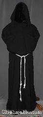 Robe:R416, Robe Style:Monk's Robe with attached<br>hooded cowl and pockets, Robe Color:Black, Fiber:Wool blend<br>linen look suiting, Sleeve:36", Chest:66", Length:64", Note:Made of a linen look light weight<br>wool blend suiting this black attached hood<br>monks robe is comfortable for<br>whatever you need to do.<br>can be hemmed to desired length<br>Option of a rope free of charge<br>or leather belt for extra $45.<br>Hand wash lay flat or dry clean..