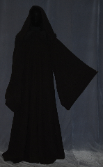 Robe:R417, Robe Style:Jedi Robe modeled after Qui-gon, Robe Color:Dark Brown, Fiber:Wool Blend Washable, Neck:23.5", Sleeve:36", Chest:58", Length:62", Note:Modeled after Qui Gon/Mace Windu<br>this textured wool blend robe<br>with pointed sleeves, a hood<br>and an open front<br> is easy to<br>move in and is perfect for<br>LARP events or serious occasions.