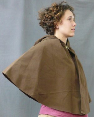 Cloak:1457, Cloak Style:Half Circle, Cloak Color:Chocolate brown, Fiber / Weave:cotton lycra, Cloak Clasp:Alpine Knot - Goldtone, Hood Lining:self lining, Back Length:23", Neck Length:19", Seasons:Summer, Fall, Spring.