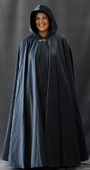 Cloak:1591, Cloak Style:Full Circle Cloak, Cloak Color:Colonial Grey/Blue, Fiber / Weave:Cotton Velvet, Cloak Clasp:Vale, Hood Lining:Dk Blue Panne Velour, Back Length:51", Neck Length:22", Seasons:Spring, Fall, Winter.