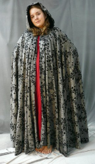 Cloak:1618, Cloak Style:Full Circle Cloak, Cloak Color:Silver w/Blk Floral Flocking, Fiber / Weave:Polyester, Cloak Clasp:Antiquity, Hood Lining:Black Silk Velvet, Back Length:54", Neck Length:19", Seasons:Summer, Fall, Spring.