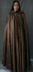 Cloak:1655, Cloak Style:Full Circle Cloak, Cloak Color:Irridescent Brown Crossweave, Fiber / Weave:Embroidered Taffeta, Cloak Clasp:Dragonfly Double - Bronze, Hood Lining:Caramel Moleskin, Back Length:55.5", Neck Length:21", Seasons:Summer, Fall, Spring.