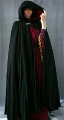 Cloak:1679, Cloak Style:Full Circle Cloak, Cloak Color:Black, Fiber / Weave:30% Cashmere Wool Melton, Cloak Clasp:Vale, Hood Lining:Deep Red Rayon Acetate Velvet, Back Length:52", Neck Length:21.5", Seasons:Winter, Fall, Spring.