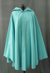 Cloak:1717, Cloak Style:Cape / Ruana, Cloak Color:Sky Blue, Fiber / Weave:Coated Cotton Poplin, Cloak Clasp:Alpine Knot - Silvertone, Hood Lining:Self-lining, Back Length:38", Neck Length:21.5", Seasons:Summer, Fall, Spring.