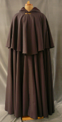 Cloak:1730, Cloak Style:Full Circle Cloak w/Mantle, Cloak Color:Cocoa Brown, Fiber / Weave:100% Wool Suiting, Cloak Clasp:Laurel Branch, Hood Lining:Plum Moleskin, Back Length:60", Neck Length:23", Seasons:Summer, Fall, Spring.