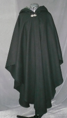 Cloak:1741, Cloak Style:Cape / Ruana, Cloak Color:Black, Fiber / Weave:Corded Wool - vert stripe, Cloak Clasp:Vale, Hood Lining:Loden Green Cotton Velvet, Back Length:49", Neck Length:22", Seasons:Winter, Fall, Spring.