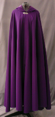 Cloak:1750, Cloak Style:Full Circle Cloak, Cloak Color:Grape, Fiber / Weave:Fine Wool Gabardine, Cloak Clasp:Vale, Hood Lining:Dark Violet Poly Moleskin, Back Length:54", Neck Length:21.5", Seasons:Summer, Fall, Spring.