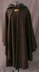 Cloak:1755, Cloak Style:Cape / Ruana, Cloak Color:Tree Bark Brown, Fiber / Weave:Plush Wool Coating, Cloak Clasp:Vale - Goldtone, Hood Lining:Hunter Green Poly Moleskin, Back Length:43", Neck Length:22", Seasons:Winter, Fall, Spring.