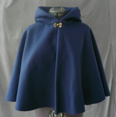 Cloak:1790, Cloak Style:Full Circle Cloak, Cloak Color:Navy Blue, Fiber / Weave:100% Wool, Cloak Clasp:Double Spiral, Hood Lining:Navy Moleskin, Back Length:23.5", Neck Length:19.5", Seasons:Winter, Fall, Spring.