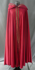 Cloak:1814, Cloak Style:Full Circle Cloak w/ Running Vine Trim, Cloak Color:Red, Fiber / Weave:Microsuede, Cloak Clasp:Cloth covered hook and eye, Hood Lining:self lining, Back Length:57", Neck Length:20.5", Seasons:Summer, Fall, Spring.