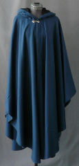 Cloak:1832, Cloak Style:Cape / Ruana, Cloak Color:Teal Blue, Fiber / Weave:Wool Gabardine, Cloak Clasp:Dragon Knot, Hood Lining:Black Moleskin, Back Length:47", Neck Length:21.5", Seasons:Summer, Fall, Spring.