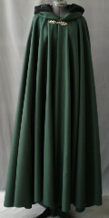 Cloak:1835, Cloak Style:Full Circle Cloak, Cloak Color:Green, Fiber / Weave:Wool Melton, Cloak Clasp:Oak Simple - Silvertone, Hood Lining:Black Cotton Velvet, Back Length:55", Neck Length:23", Seasons:Winter, Fall, Spring.