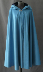 Cloak:1838, Cloak Style:Full Circle Cloak, Cloak Color:Sky Blue, Fiber / Weave:Polyester Moleskin, Cloak Clasp:Fleur de Lis, Hood Lining:Navy Polyester Velour, Back Length:38", Neck Length:23", Seasons:Summer, Fall, Spring.