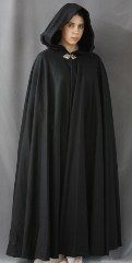 Cloak:1846, Cloak Style:Full Circle Cloak, Cloak Color:Black, Fiber / Weave:Wool Cashmere, Cloak Clasp:Triple Medallion, Hood Lining:Black, Back Length:53.5", Neck Length:20", Seasons:Winter, Fall, Spring.