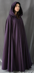 Cloak:1856, Cloak Style:Full Circle Cloak, Cloak Color:Dusty Grape, Fiber / Weave:100% Wool w/ fine herringbone pattern, Cloak Clasp:Antiquity, Hood Lining:Black Silk Velvet, Back Length:54", Neck Length:24", Seasons:Spring, Fall, Winter.