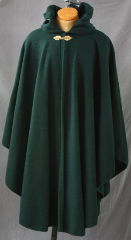 Cloak:1862, Cloak Style:Cape / Ruana, Cloak Color:Green, Fiber / Weave:200 Wt Polar Fleece Sweater Knit, Cloak Clasp:Holly Leaves - Patinated, Hood Lining:Self-lining, Back Length:47", Neck Length:24", Seasons:Spring, Fall, Winter.