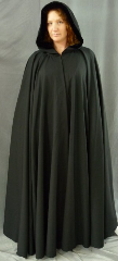 Cloak:1926, Cloak Style:Full Circle Cloak, Cloak Color:Black, Fiber / Weave:Tropical Weight Wool suiting, Cloak Clasp:Antiquity, Hood Lining:Black Silk Velvet, Back Length:56", Neck Length:24", Seasons:Summer, Fall, Spring.