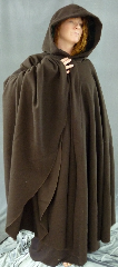 Cloak:1979, Cloak Style:Full Circle Cloak, Cloak Color:Brown, Fiber / Weave:Wool Plush Coating, Cloak Clasp:Leaf and Scroll - Goldtone, Hood Lining:Green rayon acatate fidelio velvet, Back Length:56", Neck Length:24", Seasons:Fall, Spring, Winter.