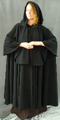 Cloak:1980, Cloak Style:Full Circle Cloak with  20" Mantle and arm slits, Cloak Color:Black, Fiber / Weave:Poly Moleskin, Hood Lining:Unlined, Back Length:50.5", Neck Length:24", Seasons:Summer, Fall, Spring.