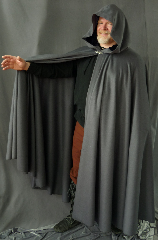 Cloak:1987, Cloak Style:Full Circle Cloak, Cloak Color:Grey, Fiber / Weave:Wool / cashmere, Cloak Clasp:Florentine - Small, Hood Lining:Navy Blue Micro Velvet, Back Length:53", Neck Length:22", Seasons:Winter, Fall, Spring.