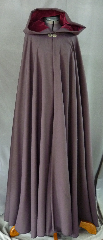 Cloak:2010, Cloak Style:Full Circle Cloak, Cloak Color:Raisin Brown, Fiber / Weave:Cotton Velvet, Cloak Clasp:Nordic Hearts - Silvertone, Hood Lining:Medium Dark Rose cotton velvet, Back Length:57", Neck Length:22", Seasons:Winter, Fall, Spring.