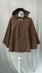 Cloak:2034, Cloak Style:Full Circle Short Cloak, Cloak Color:Dark Brown, Fiber / Weave:Poly Moleskin, Cloak Clasp:Antiquity, Hood Lining:Unlined, Back Length:27", Neck Length:22", Seasons:Spring, Fall, Summer.