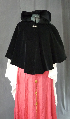 Cloak:2043, Cloak Style:Full Circle Short Cloak, Cloak Color:Black, Fiber / Weave:Cotton Velvet, washed, Cloak Clasp:Fleur de Lis, Hood Lining:Unlined, Back Length:22", Neck Length:18.5", Seasons:Winter, Fall, Spring.