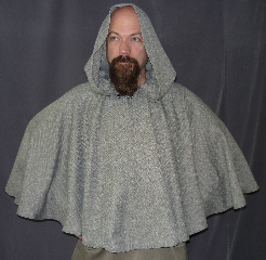 Cloak:2056, Cloak Style:Full Circle Short Cloak, Cloak Color:Heathered Grey Tweed Look, Herringbone Pattern, Fiber / Weave:Polyester, Cloak Clasp:Antiquity, Hood Lining:Unlined, Back Length:26", Neck Length:19", Seasons:Spring, Fall, Summer.