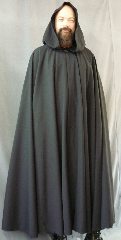 Cloak:2061, Cloak Style:Full Circle Cloak, Cloak Color:Black, Fiber / Weave:Wool, Cloak Clasp:Antiquity, Hood Lining:Unlined, Back Length:53", Neck Length:19.5", Seasons:Fall, Spring, Note:Slight flaw in fabric.