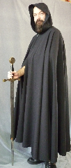 Cloak:2062, Cloak Style:Full Circle Cloak, Cloak Color:Black, Fiber / Weave:Wool, Cloak Clasp:Antiquity, Hood Lining:Unlined, Back Length:53", Neck Length:21", Seasons:Fall, Spring.