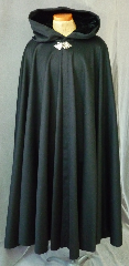 Cloak:2117, Cloak Style:Full Circle Cloak, Cloak Color:Black, Fiber / Weave:Brushed Wool Melton, Cloak Clasp:Thimbleberry - Silvertone single hook, Hood Lining:Black Silk Velvet, Back Length:54", Neck Length:21", Seasons:Winter, Fall, Spring.