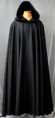 Cloak:2157, Cloak Style:Full Circle Cloak, Cloak Color:Midnight Black, Fiber / Weave:Dense Black Wool Melton with brush finish, Cloak Clasp:Triple Medallion, Hood Lining:Black Cotton Velveteen, Back Length:58", Neck Length:25", Seasons:Winter, Fall, Spring.