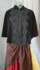 Cloak:2180, Cloak Style:Victorian Mantle, Cloak Color:Black with black lace, Fiber / Weave:Cotton Velvet, Washable, Cloak Clasp:Hook & Eye, Hood Lining:N/A, Back Length:25", Neck Length:21", Seasons:Fall, Spring.