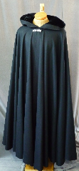 Cloak:2197, Cloak Style:Full Circle Cloak, Cloak Color:Black, Fiber / Weave:Worsted Wool Flannel, Cloak Clasp:Gothic Round, Hood Lining:Black Silk Velvet, Back Length:54', Neck Length:22.5", Seasons:Fall, Spring.