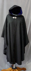 Cloak:2212, Cloak Style:Cape / Ruana, Cloak Color:Black, Fiber / Weave:Midweight Wool Twill, Cloak Clasp:Triple Medallion, Hood Lining:Twilight Blue Microvelvet, Back Length:45.5", Neck Length:23", Seasons:Fall, Spring, Southern Winter.