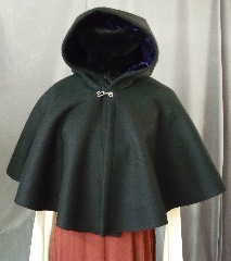 Cloak:2269, Cloak Style:Full Circle Short Cloak, Cloak Color:Black, Fiber / Weave:Heavy Felted Wool Melton (super soft), Cloak Clasp:Plain Rope<br>Hook & Eye, Hood Lining:Purple Silk Velvet, Back Length:20", Neck Length:18.5", Seasons:Winter, Fall, Spring.