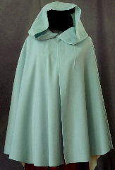 Cloak:2280, Cloak Style:Full Circle Short Cloak, Cloak Color:Minty Foam Green, Fiber / Weave:Wool Gabardine, Cloak Clasp:Scallop, Hood Lining:Unlined, Back Length:32.5", Neck Length:21", Seasons:Spring, Summer, Fall.