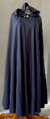 Cloak:2293, Cloak Style:Fuller Half circle, Cloak Color:Navy Blue, Fiber / Weave:Lightweight Wool Gabardine, Cloak Clasp:Alpine Knot - Goldtone, Hood Lining:Unlined, Back Length:52", Neck Length:20.5", Seasons:Spring, Summer, Fall.