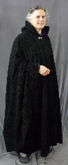 Cloak:2305, Cloak Style:Full Circle Cloak, Cloak Color:Flocked Black, Fiber / Weave:Flocked Black Polyester, Cloak Clasp:Fleur de Lis, Hood Lining:Purple Velveteen, Back Length:53", Neck Length:23", Seasons:Fall, Spring.