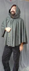 Cloak:2307, Cloak Style:Full Circle Short Cloak, Cloak Color:Heather Grey, Fiber / Weave:Brushed Wool Suiting, Cloak Clasp:Plain Rope<br>Hook & Eye, Hood Lining:Black Leaf Embossed Moleskin, Back Length:29", Neck Length:23", Seasons:Spring, Summer, Fall.