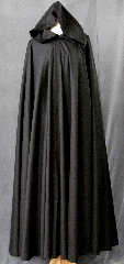 Cloak:2329, Cloak Style:Full Circle Cloak, Cloak Color:Black with Brown tinge, Fiber / Weave:Wool Gabardine blend, Cloak Clasp:Gothic Round, Hood Lining:Unlined, Back Length:54.5", Neck Length:20", Seasons:Summer, Spring, Fall.