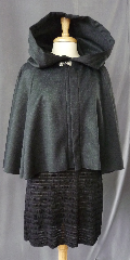 Cloak:2359, Cloak Style:Full Circle Short Cloak, Cloak Color:Dark Charcoal Grey Heather, Fiber / Weave:Wool, Cloak Clasp:Gothic Round, Hood Lining:Unlined, Back Length:23", Neck Length:25", Seasons:Fall, Spring.